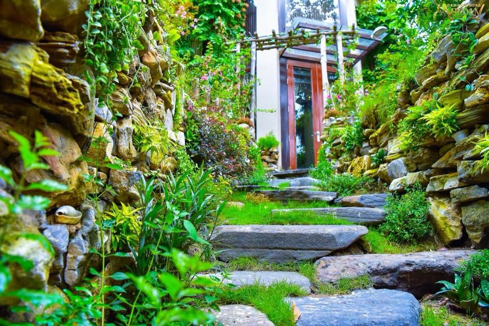 Lối đi trong vườn được trải sỏi dẫn vào tận nhà.