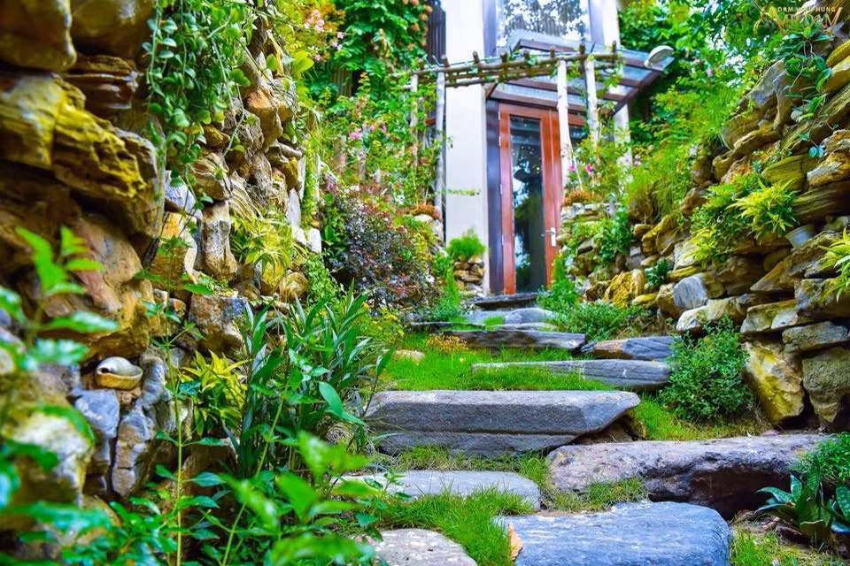 Lối đi trong vườn được trải sỏi dẫn vào tận nhà.