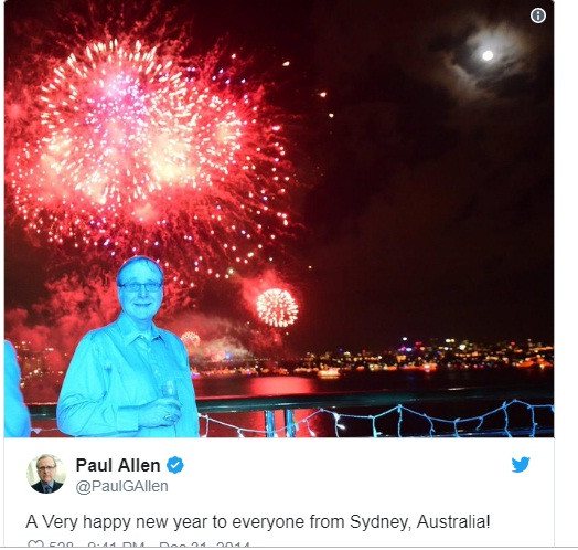 Năm 2015, vào thời khắc giao thừa, tỷ phú người Mỹ Paul Allen (tài sản 18 tỷ USD) đã đăng trên Twitter bức ảnh chụp trên trên du thuyền dài 126m của mình. Ảnh: Twitter.