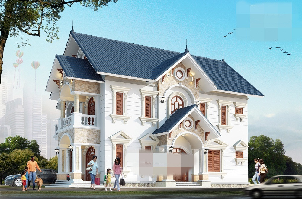 Biệt thự mái thái mang kiến trúc cổ điển Pháp đẹp với sảnh phụ được nhấn bởi nét vòm cong tinh tế. Ảnh: Nhasang.