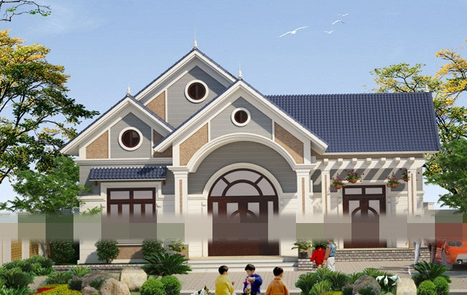 Biệt thự 1 tầng phong cách kiến trúc hiện đại, tông chủ đạo là màu xanh ghi ăn nhập với không gian cảnh quan, tạo lên một bức tranh tổng thể tuyệt đẹp. Ảnh: Kientrucmovie.