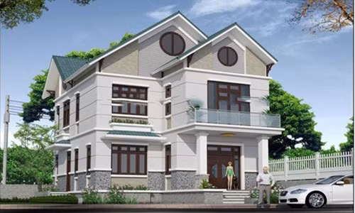  Biệt thự mái thái tân cổ điển được thiết kế vuông vức cùng khuôn viên sân vườn rộng rãi. Ảnh: Shc.