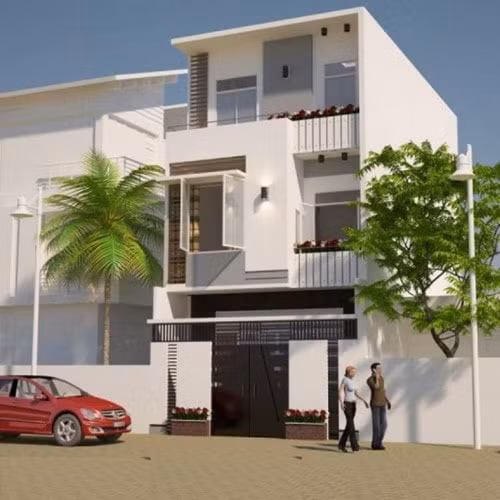 Nhà phố 3 tầng với mặt tiền thoáng mát, tông màu trắng sáng chủ đạo, diện tích 80m2 có kinh phí khoảng 1,2 tỷ đồng. Ảnh: Incocons.