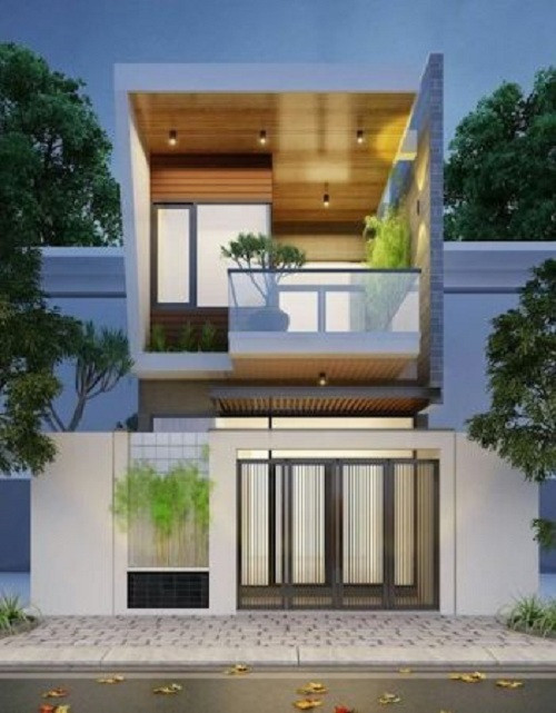  Mẫu nhà 2 tầng chi phí khoảng 400 triệu đồng có tầng trên được ốp gỗ sang trọng.