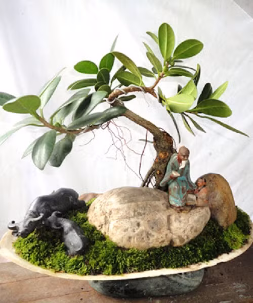 Tiểu cảnh làng quê với cây đa búp đỏ. Ảnh: Internet.