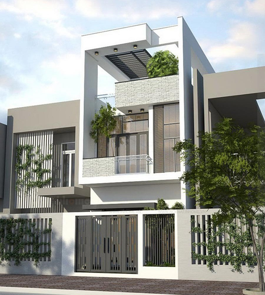  Nhà ống 2 tầng đơn giản, kết hợp hài hòa giữa màu trắng và xám. Ảnh: Inhome.