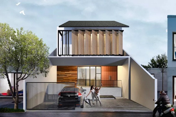  Mẫu nhà 2 tầng sử dụng các vật liệu tự nhiên như gỗ ốp tường và hệ lam gỗ. Bên cạnh chức năng che nắng, hệ lam gỗ còn có thể xoay tự động tạo vẻ đẹp độc đáo. Ảnh: MR House.