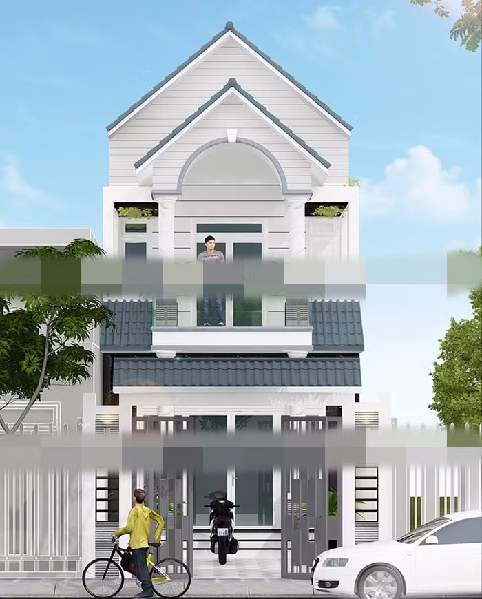 Mặt tiền nhà mái thái sử dụng gạch ốp tường cao cấp với màu đen sang trọng nổi bật bên cạnh sắc trắng tinh khôi, giúp ngôi nhà cuốn hút hơn rất nhiều. Ảnh: Xaydungnhadepmoi.