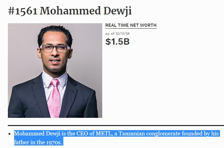 Theo ước tính của Forbes, ông Mohammed Dewji sở hữu khối tài sản 1,5 tỷ USD. Ảnh: Forbes.
