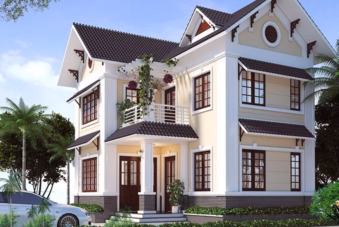 Ngôi nhà chừa một khoảng sân trước vừa có thể tập thể dục, làm sân chơi cho con trẻ, hoặc để xe. Ảnh: Arcviet.