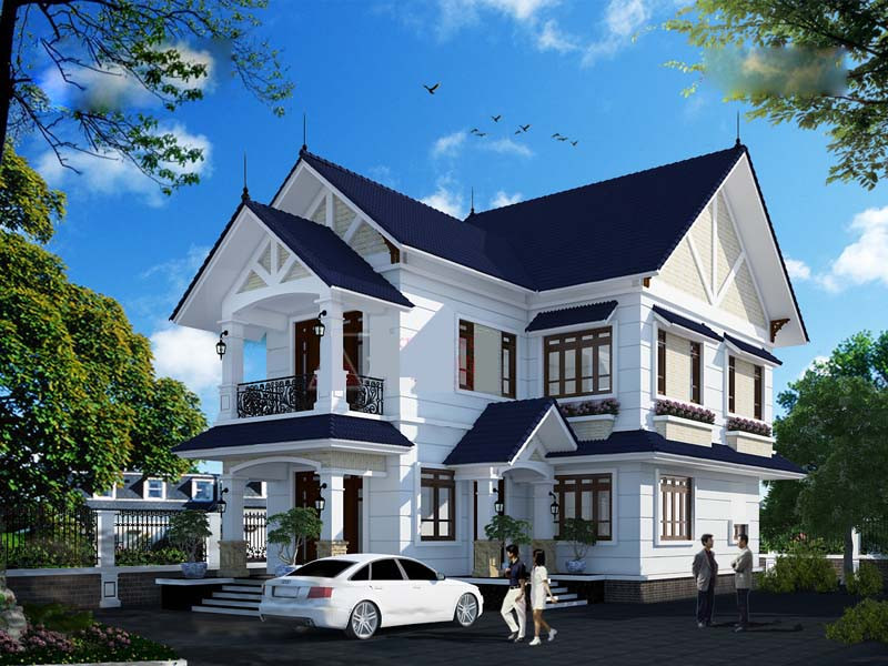 Nhà 2 tầng chữ L sử dụng mái thái xanh lạ mắt và sang trọng. Ảnh: Wedo.