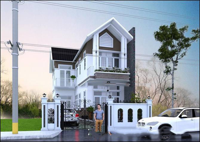 Màu trắng tôn lên nét đẹp sang trọng còn mái thái lợp giả tôn chống nóng cách nhiệt làm tăng tính đăng đối cho ngôi nhà. Ảnh: Maunhadep.