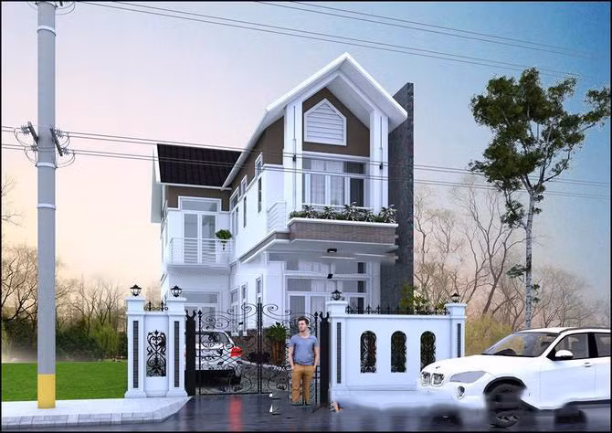 Màu trắng tôn lên nét đẹp sang trọng còn mái thái lợp giả tôn chống nóng cách nhiệt làm tăng tính đăng đối cho ngôi nhà. Ảnh: Maunhadep.