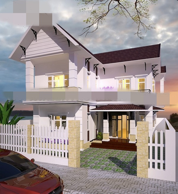 Nhà mái thái nổi bật với hình khối kiến trúc vuông vắn được cách điệu thành các ô để tạo điểm nhấn. Ảnh: Kientrucnhaviet.