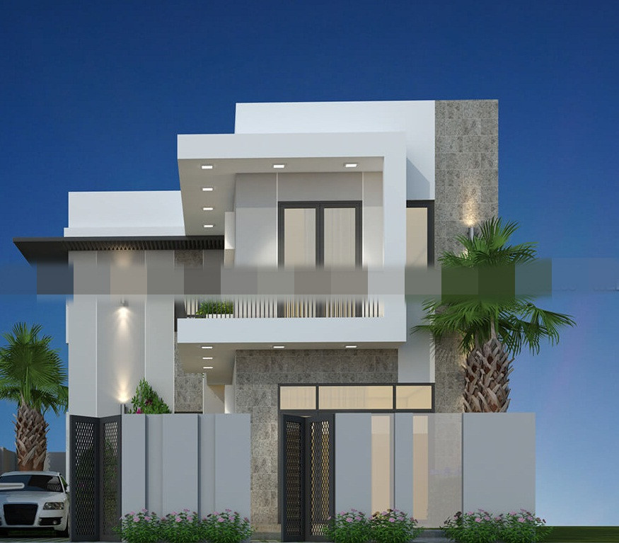 Nhà 2 tầng chữ L được bao bọc bởi một lớp sơn màu trắng tinh, lồng ghép thêm những đường viền đen mạnh mẽ của cửa kính. Ảnh: Kientrucroman.