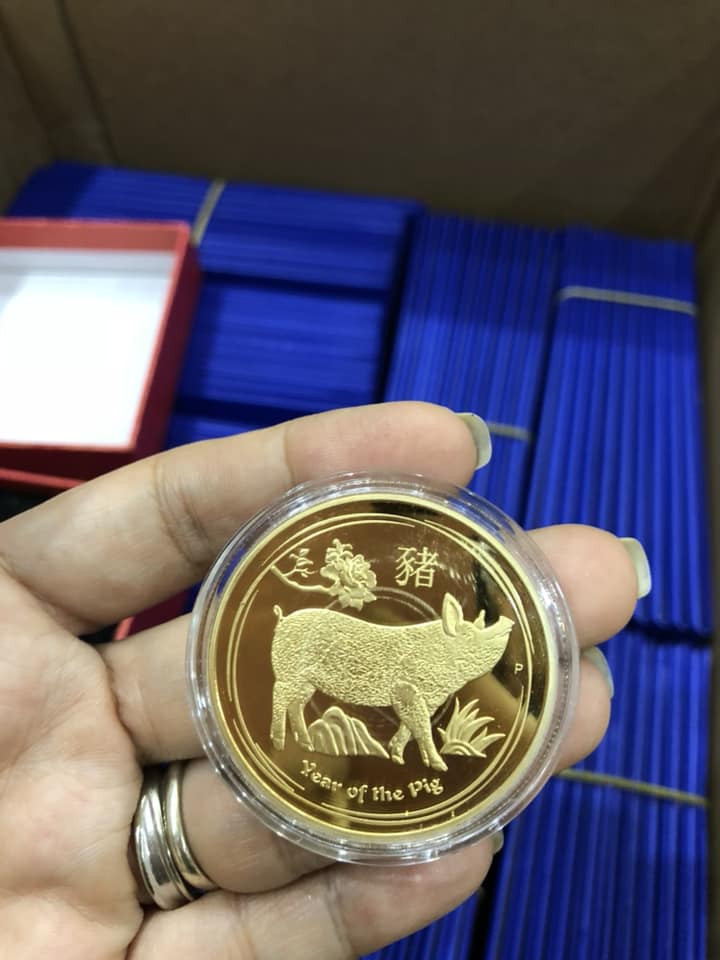 Tiền xu Australia in hình con heo được thiết kế tinh xảo với lớp mạ màu vàng bóng loáng, đang được chào bán làm tiền lì xì dịp Tết. Ảnh: FB Ngoc Ha Le.