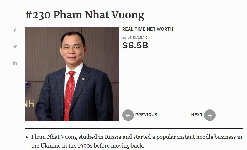 Ong Pham Nhat Vuong tang bac trong BXH top giau nhat hanh tinh