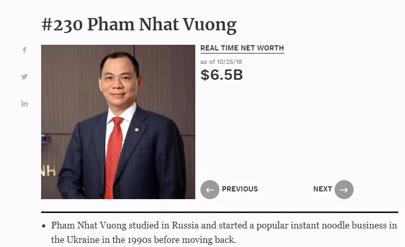 Ong Pham Nhat Vuong tang bac trong BXH top giau nhat hanh tinh