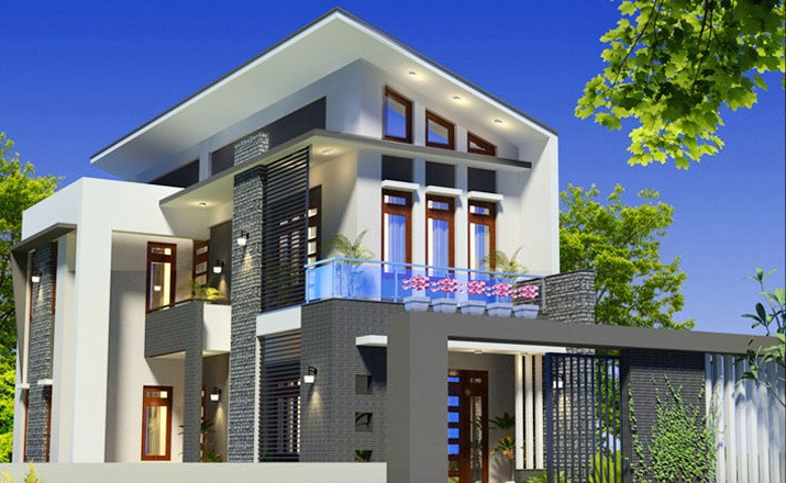 Bên cạnh kiến trúc ngoại thất, nhà 2 tầng mái lệch ghi điểm với các ban công vừa mang ý nghĩa trang trí vừa là nẻo đón gió. Ảnh: Maunhadepmoi.