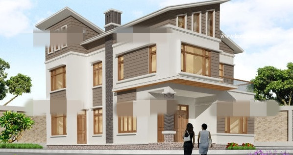 Biệt thự được tạo điểm nhấn bằng hệ thống mái lệch phía trước nhà. Ảnh: Kientrucla.