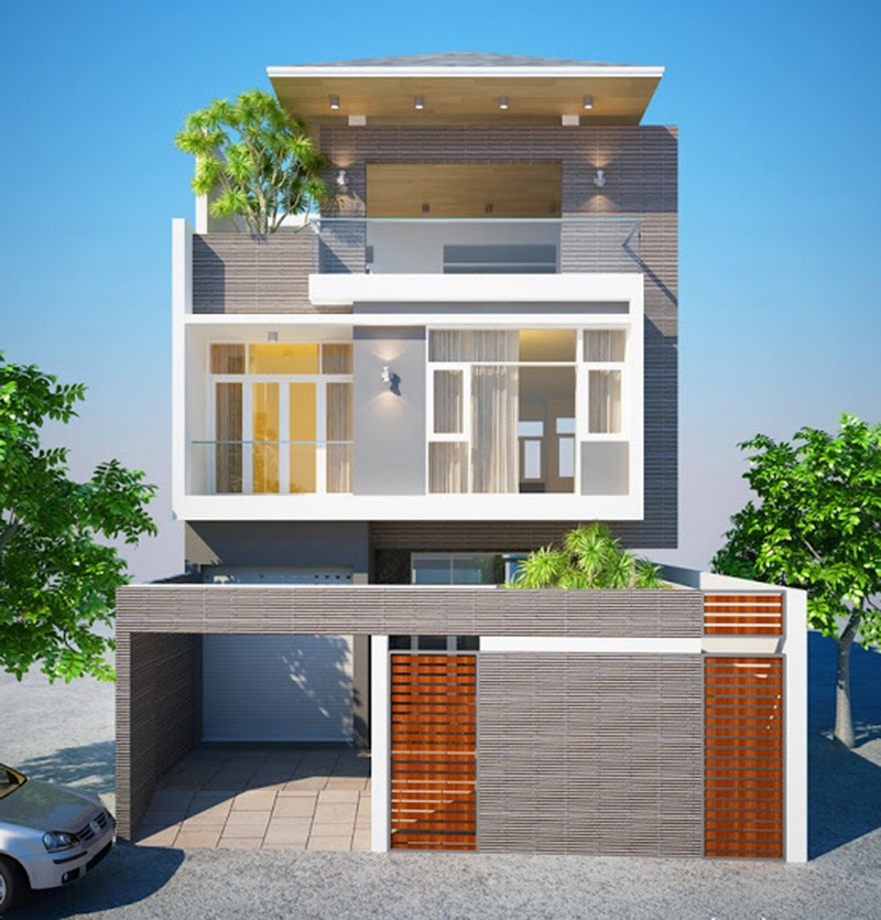 Biệt thự 2 tầng nổi bật với phần ban công nhô ra bên ngoài như được bao trong một chiếc hộp chữ nhật viền trắng. Ảnh: Arcviet.