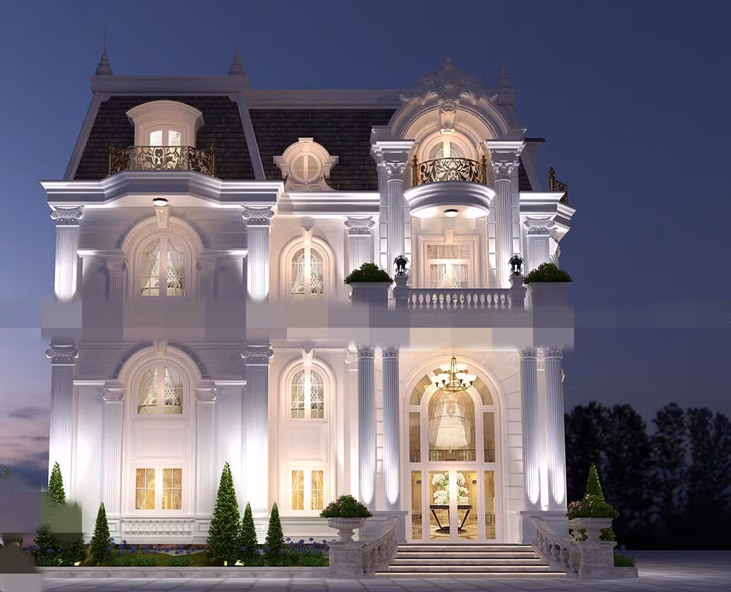 Biệt thự cổ điển phong cách Pháp tinh tế nổi bật với những đường gờ, hệ trụ cột cao ráo khỏe khoắn. Ảnh: Kientrucroman.