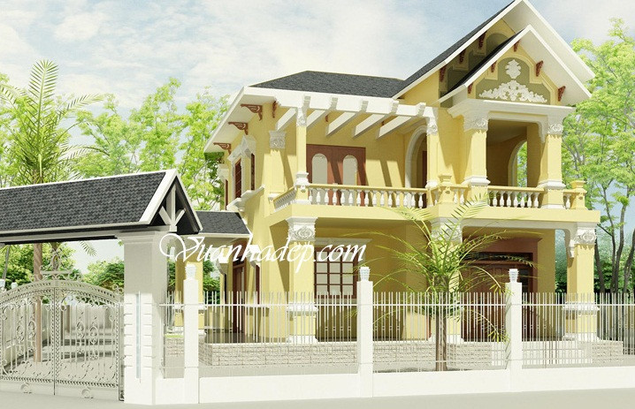 Biệt thự vườn 2 hình chữ L ấn tượng với những họa tiết kiến trúc Pháp. Ảnh: Vuonnhadep.