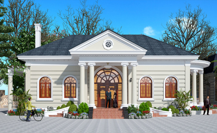 Họa tiết trang trí vơi nhiều vòm bán cầu và vòm nửa trụ kết hợp với mái đá màu xanh mang lại nét cổ kính cho biệt thự 1 tầng. Ảnh: Kientrucsuvietnam.