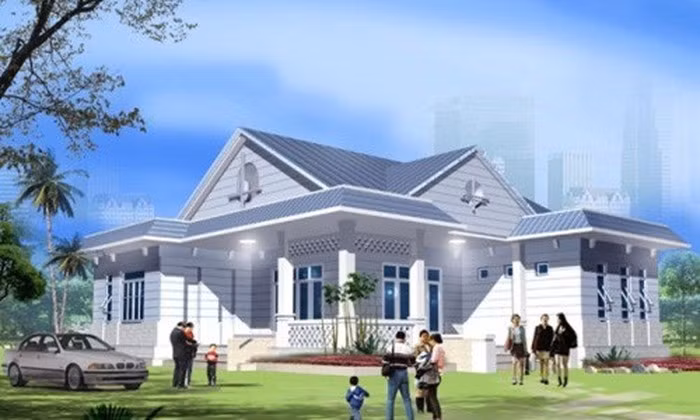 Biệt thự vườn mái thái có phần sảnh tiếp khách được chia làm đôi với 2 cửa ra vào cho phòng khách. Ảnh: Thietkethicongnhadep.