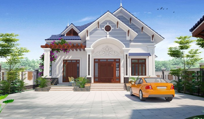 Biệt thự 1 tầng 6 phòng ngủ mang kiến trúc độc đáo và mới lạ, hợp với phong cảnh hữu tình của những vùng quê Bắc Bộ Việt Nam. Ảnh: Thietkenhadepaau.