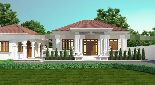 Biệt thự 1 tầng kết hợp các khối kiến trúc cũng đơn giản, không sử dụng chi tiết rườm rà, phức tạp. Ảnh: Maunhadep902.