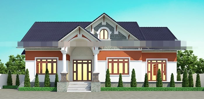 Biệt thự mái thái 1 tầng 1 tum sử dụng màu trắng – nâu đất – xanh ghi làm màu chủ đạo. Ảnh: Maunhadep902.