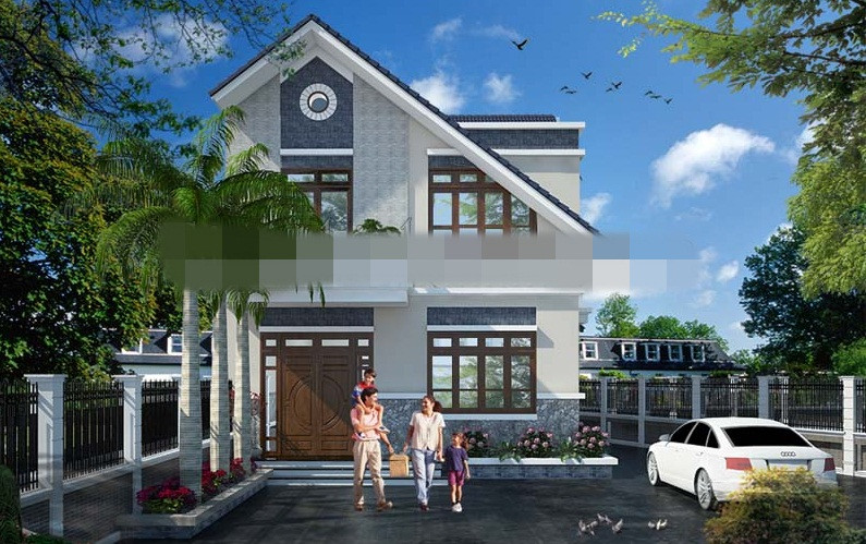 Ngôi nhà ấn tượng với phần mái được thiết kế với độ dốc lớn, nhiều cây xanh bao quanh sân vườn. Ảnh: Sieuthimaunha.