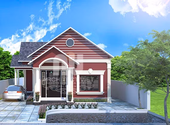 Nhà cấp 4 chữ L mang vẻ đẹp đồ sộ với phần mái thái được thiết kế công phu. Ảnh: Arcviet.