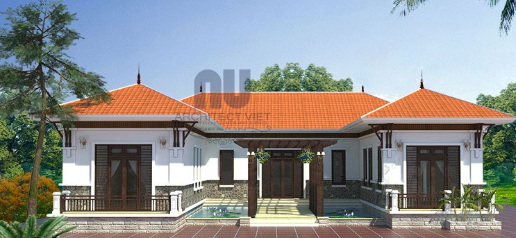  Mẫu nhà cấp 4 chữ U 4 phòng ngủ sử dụng tông màu trắng cho kiến trúc ngoại thất. Mái ngói đỏ tươi vừa giữ nét truyền thống vừa thể hiện được tính hiện đại. Ảnh: Arcviet.