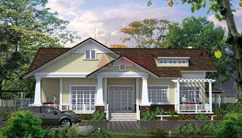 Nhà 1 tầng sử dụng hệ thống cửa kính trắng thoáng sáng. Ảnh: Angcovat.