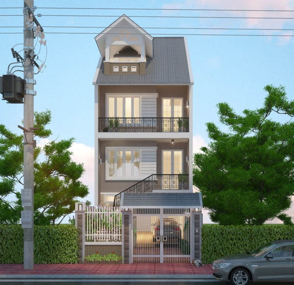 Nhà phố 3 tầng thiết kế hiện đại pha chút cổ điển. Ảnh: Xaydungnoithat3d.