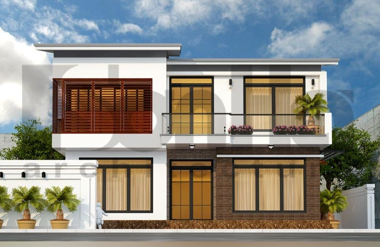 Mẫu biệt thự mini mái bằng đơn giản được xây trên diện tích 100m2. Ảnh: Sonha.