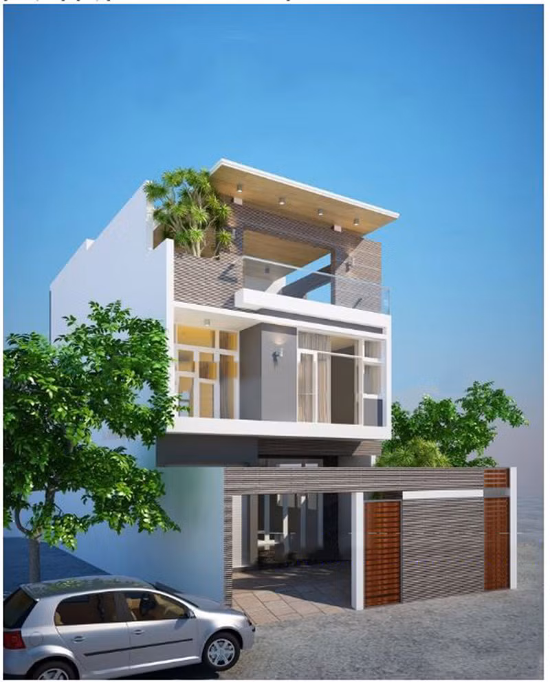 Biệt thự 2 tầng 70m2 đẹp hút mắt ngay từ cổng vào. Chất liệu kính được tận dụng khi thiết kế ban công mang đến vẻ đẹp hiện đại. Ảnh: Arcviet.