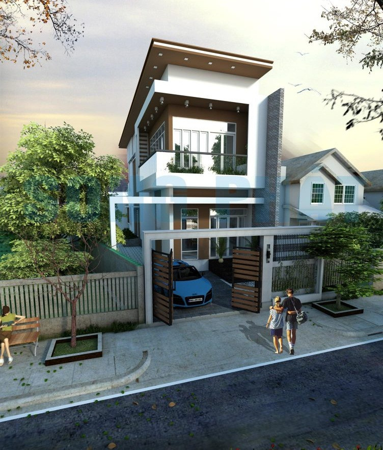 Điểm đặc biệt của ngôi nhà 2 tầng là gam màu nâu phối xen kẽ mang đến sự lạ mắt. Ảnh: Song Phat Construction.