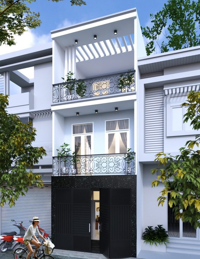 Nhà phố 2 tầng thiết kế hiện đại với gam màu trắng chủ đạo, tổng chi phí hoàn thiện 1,2 tỷ thích hợp cho gia đình có 4 thành viên. Ảnh: Song Phat Construction.