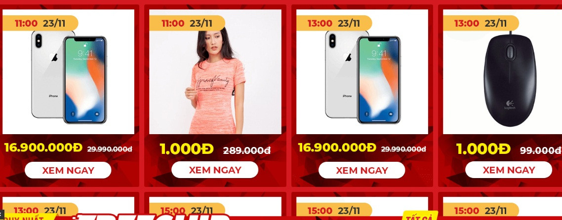 Sendo liệt kê sẵn các sản phẩm giá 1.000 đồng và chờ đếm ngược thời gian để bung hàng. Ảnh: Sendo.