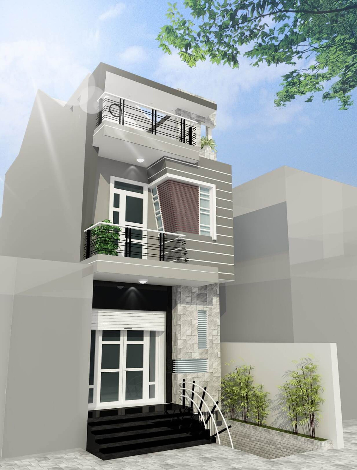 Nhà ống lệch tầng thiết kế 3 phòng ngủ cùng ánh sáng và không khí tự nhiên lưu thông dễ dàng qua vị trí cầu thang. Ảnh: Oxii.