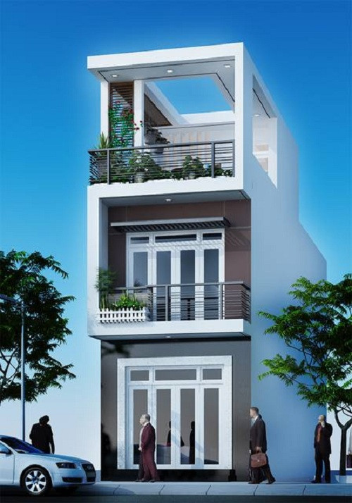 Mẫu nhà ống 2 tầng 1 tum thiết kế với gam màu xanh nhạt kết hợp màu trắng sữa nhằm tạo ra một kiến trúc khác biệt. Ảnh: Xuongnoithat.