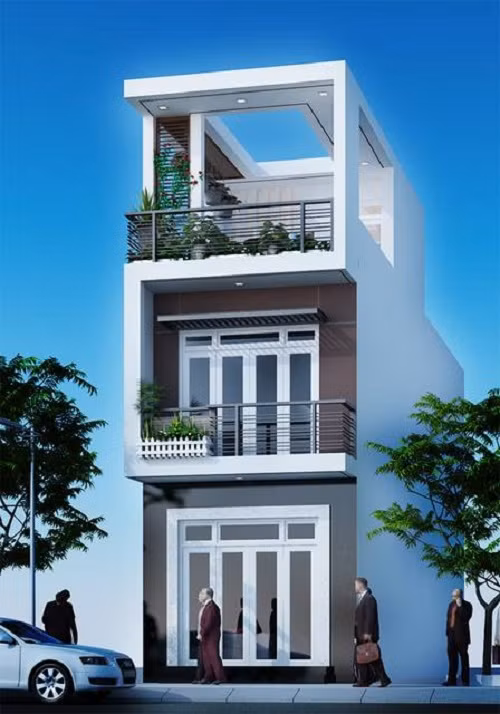 Mẫu nhà ống 2 tầng 1 tum thiết kế với gam màu xanh nhạt kết hợp màu trắng sữa nhằm tạo ra một kiến trúc khác biệt. Ảnh: Xuongnoithat.