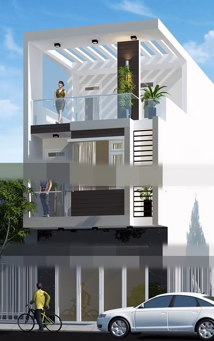 Nhà phố 1 trệt 1 lầu 1 sân thượng hiện đại dù ít chi tiết trang trí, sử dụng yếu tố đơn giản nhằm tiết kiệm chi phí. Ảnh: Namlongcons.