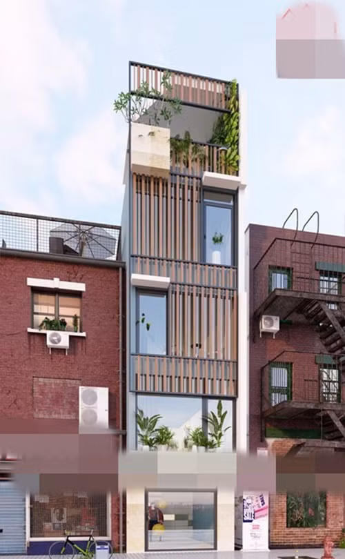 Không gian mặt tiền nhà phố 5 tầng hiện đại như được nới rộng ra khi phối hợp đồng điệu những đường nét kiến trúc khỏe khoắn, vững chãi tạo bố cục mạch lạc. Ảnh: Housevn.