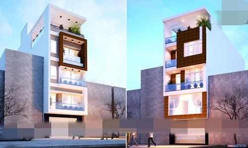 Mặt tiền nhà ống là sự phối hợp xen kẽ nhịp nhàng của các nguyên liệu mang yếu tố hiện đại. Ảnh: Housevn.