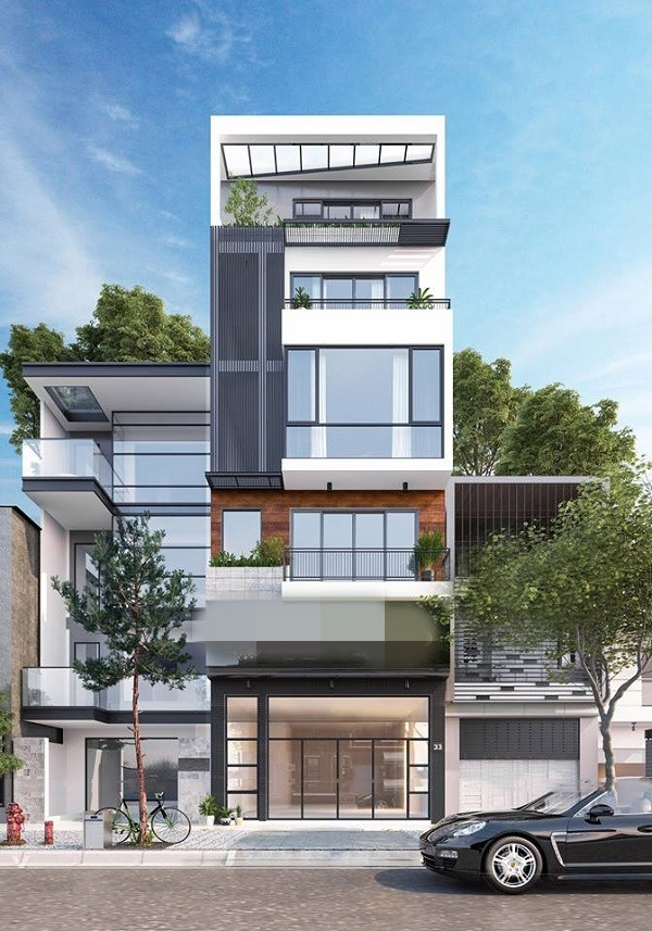 Mặt tiền mẫu nhà ống 5 tầng sử dụng đá granite vừa tạo tính thẩm mỹ, vừa dễ vệ sinh lại chống thấm, mốc hiệu quả. Màu sắc đá cũng hài hòa. Ảnh: Xaydungso.