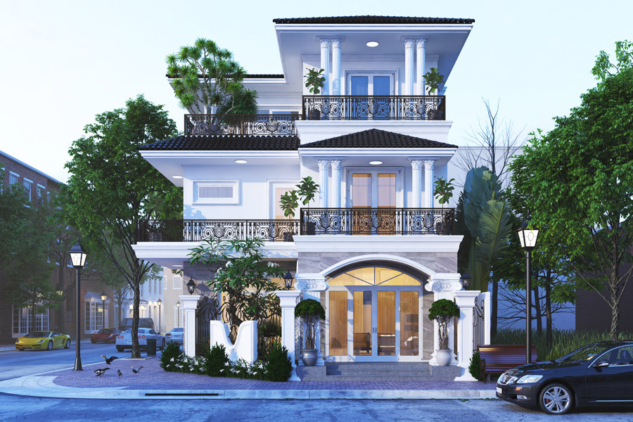 Mẫu thiết kế biệt thự 3 tầng sở hữu khối kiến trúc mạnh mẽ kết hợp với các đường phào chỉ, hoa văn cổ điển tạo sức hút mãnh liệt. Ảnh: Neohouse.